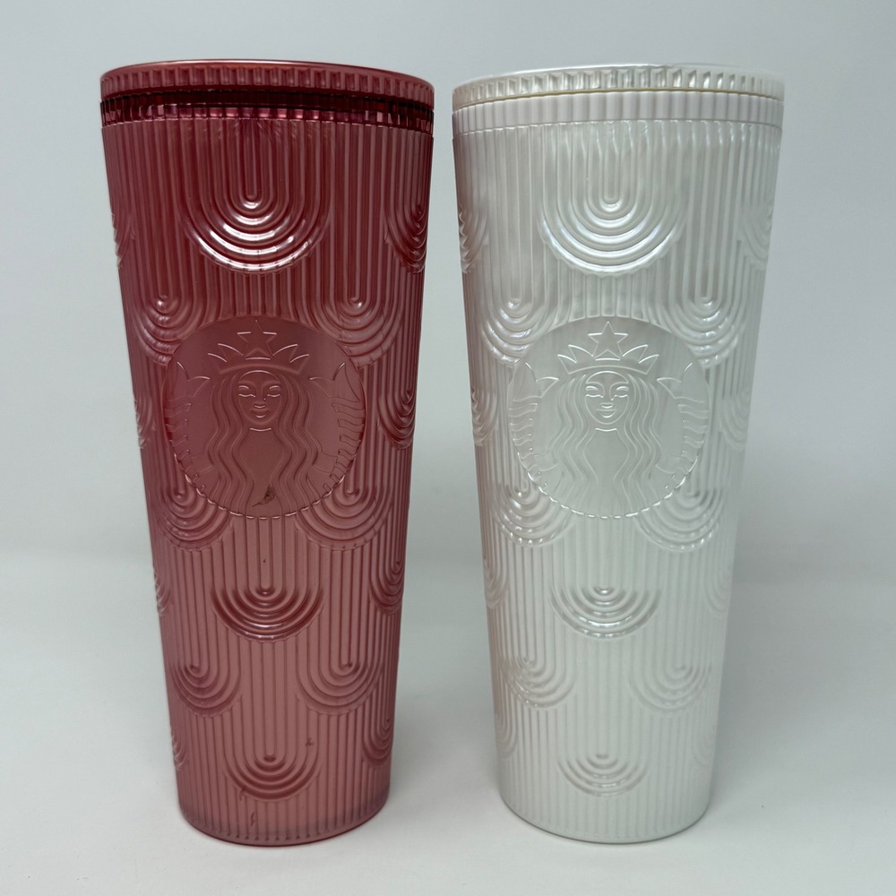 Starbucks‎ 2022 Scalloped Arch Cold Cup Tumbler Set 24oz Pink White Iridescent